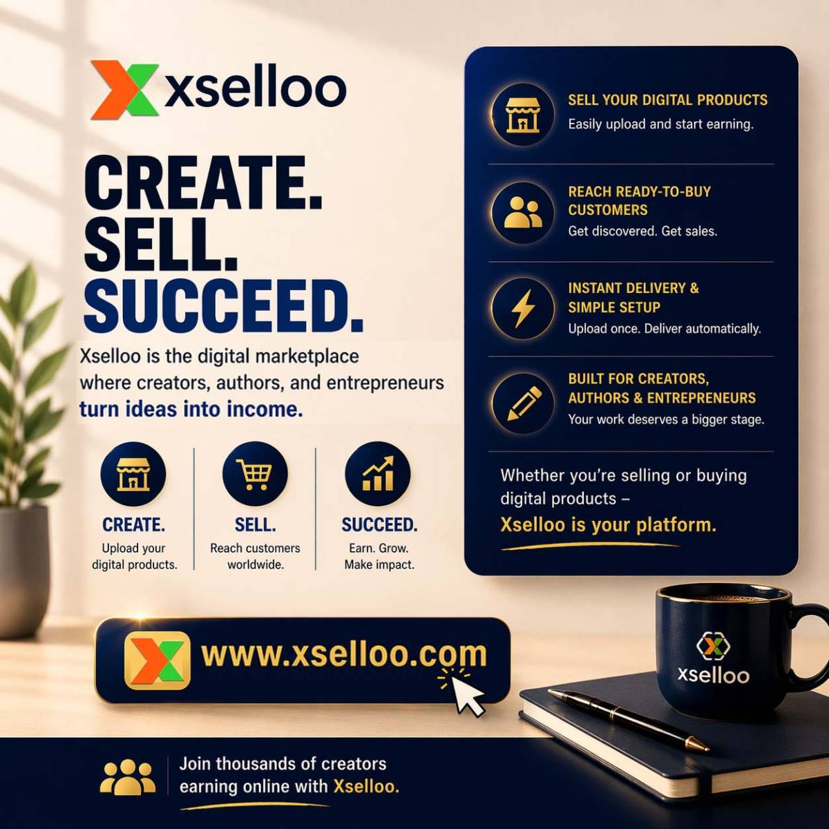 Create. Sell. Grow.
Turn your digital products into income with Xselloo.
Join creators already earn...