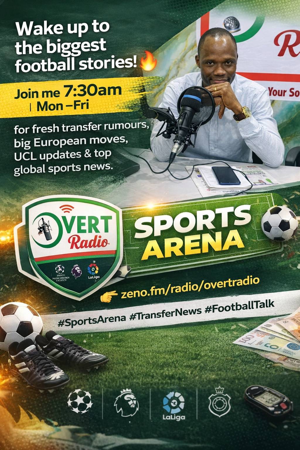 Listen to my radio program Sports Arena Mon - Fri 7:30am (WAT) via zeno.fm/radio/overtradio