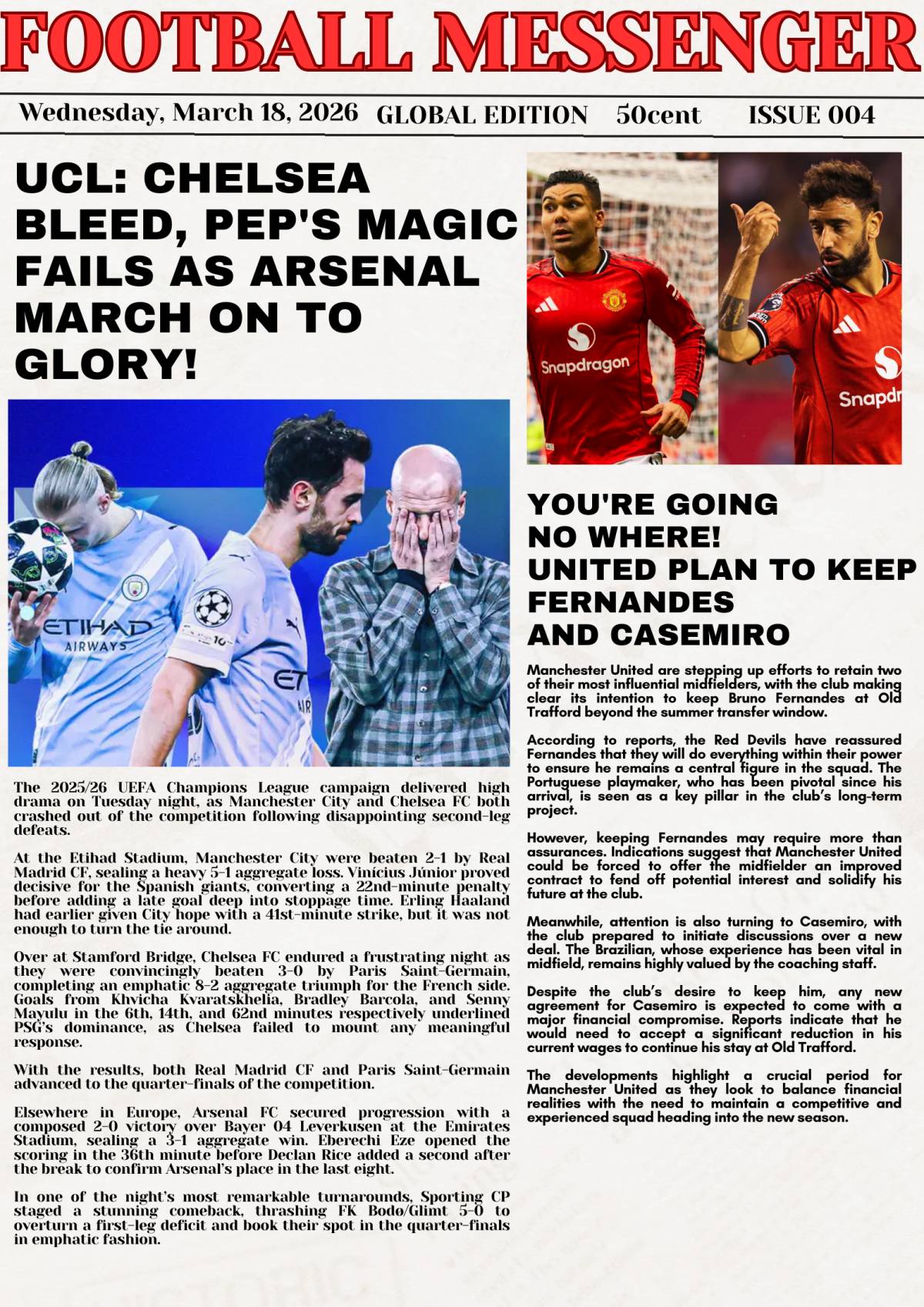 Today's e-copy of Football Messenger
UCL: Chelsea Bleed, Pep's Magic Fails as Arsenal March On To...