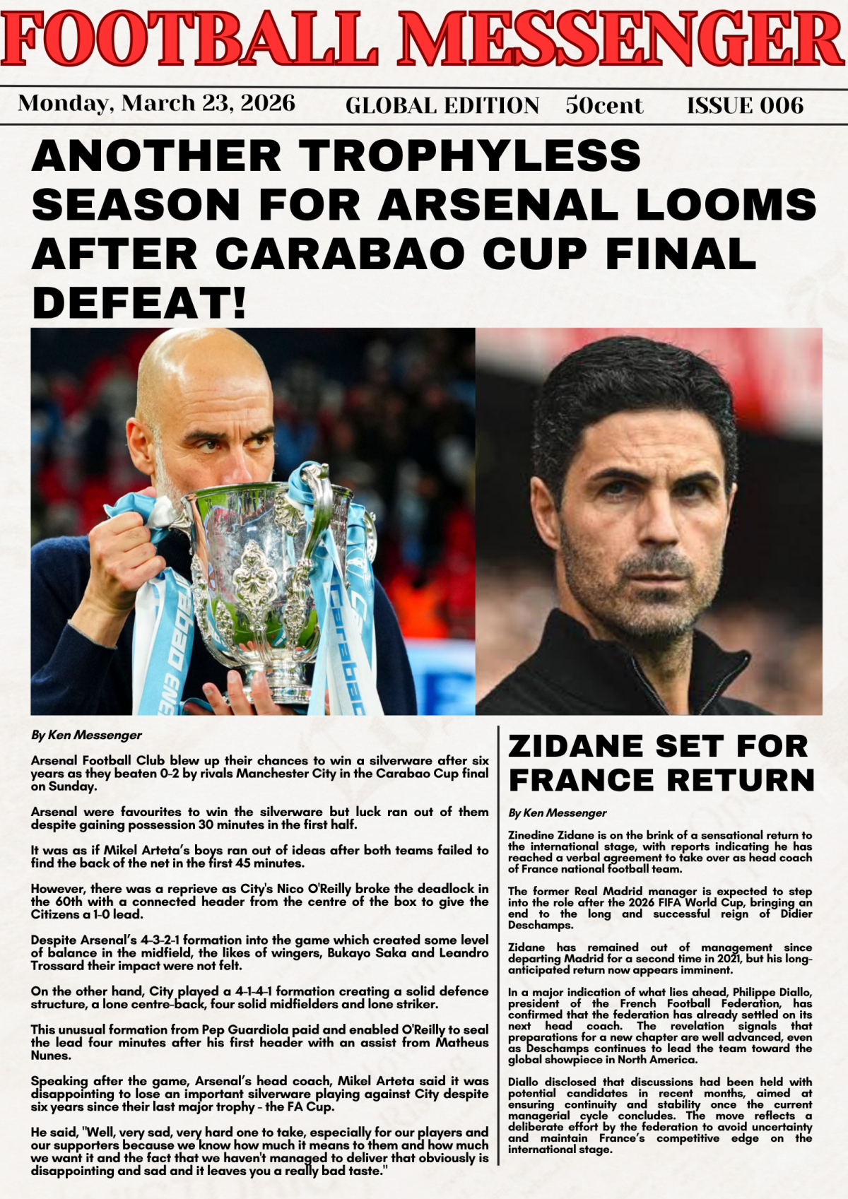 Today's e-copy of Football Messenger
Another Trophyless Season For Arsenal Looms After Carabao Cup...