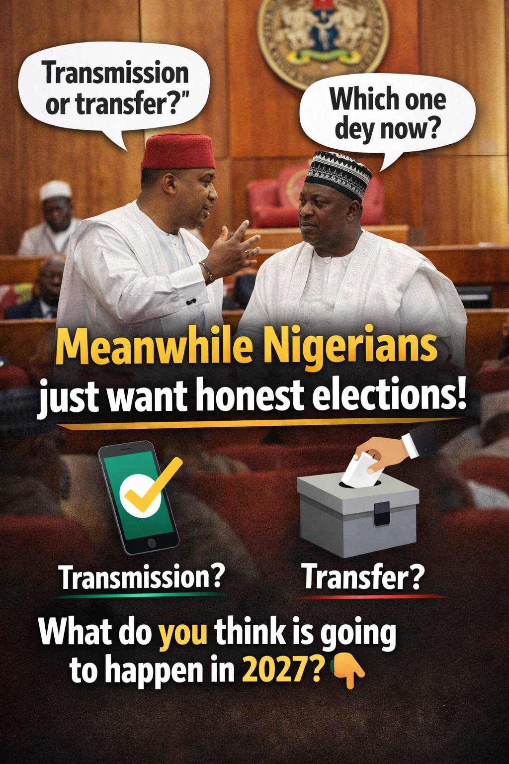 Transmission or transfer?โ ๐
Meanwhile Nigerians just want honest elections ๐ณ๏ธ Do you trust the sys...
