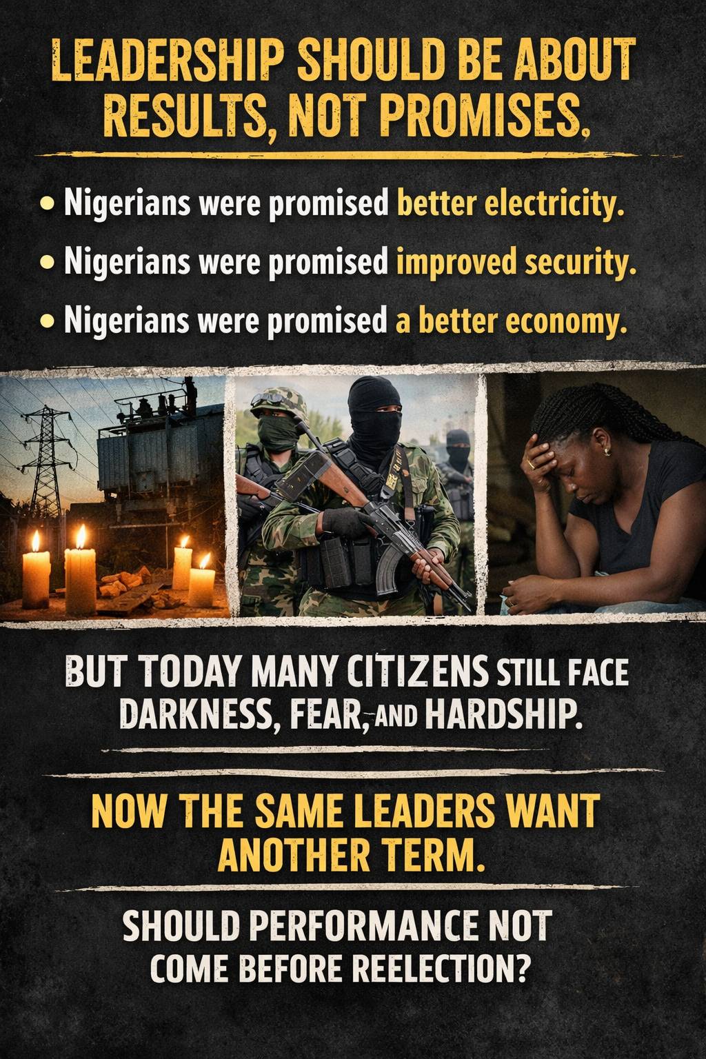 Leadership should be about results, not promises.
Nigerians were promised better electricity.
Niger...