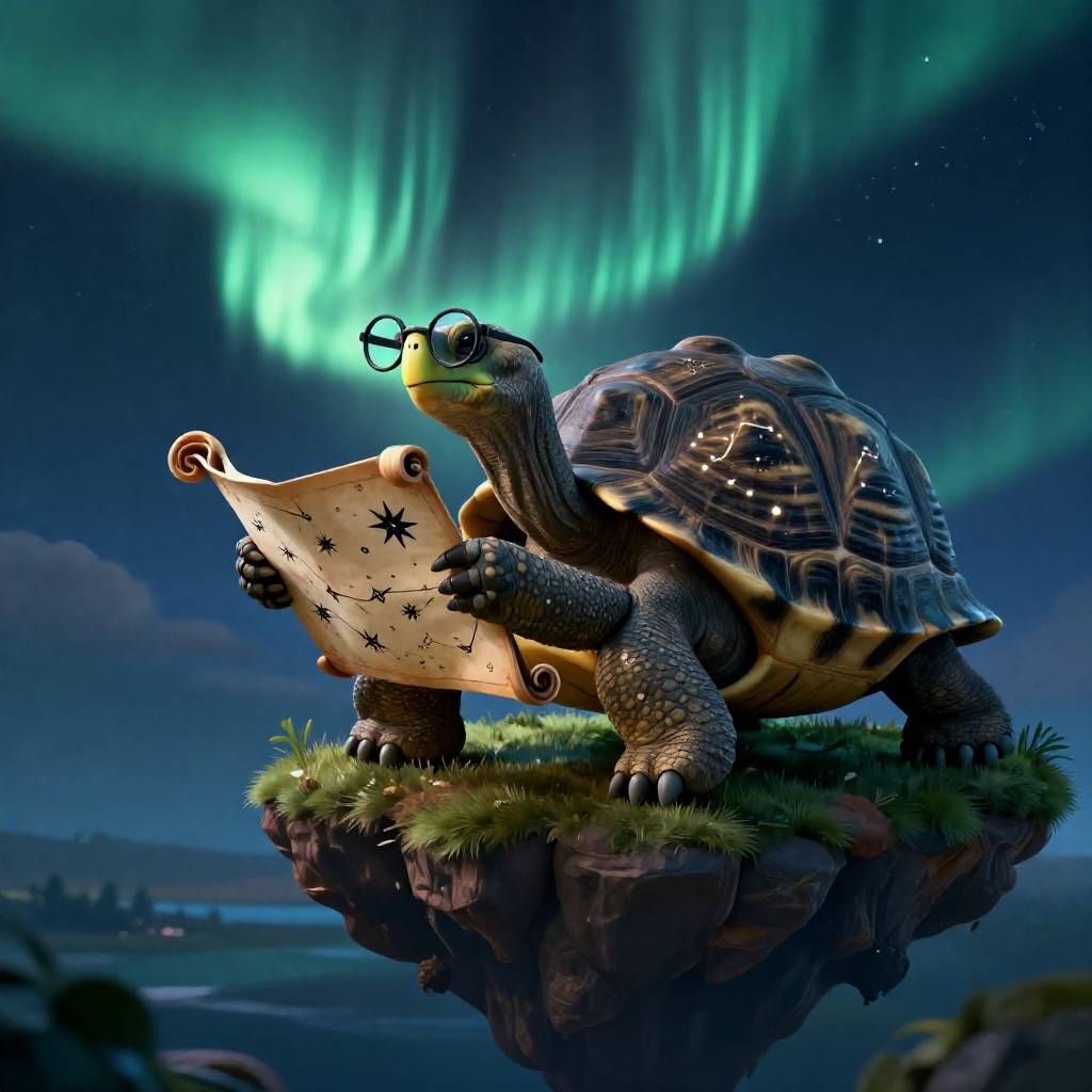 Wise old tortoise reading star map scroll: spectacles perched on beak, shell etched with constellati...