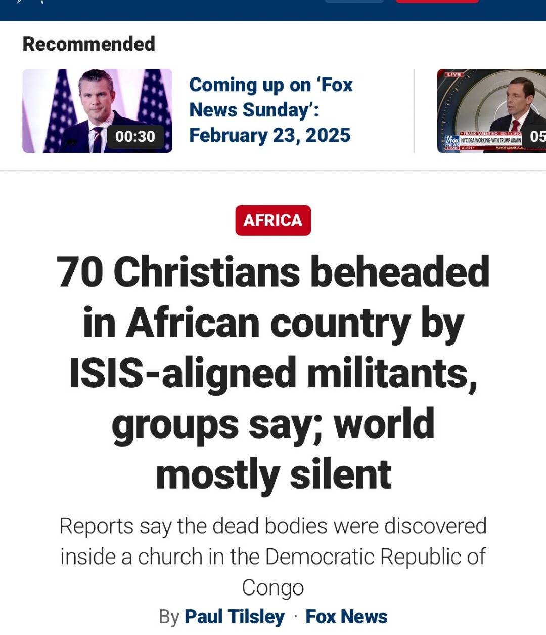Fox News reporting massacre of 70 Christians in Democratic Republic of Congo🤷