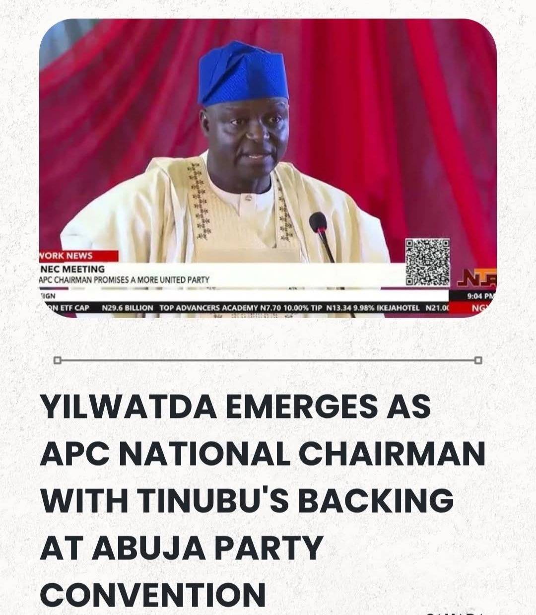 Yilwatda Emerges As APC National Chairman With Tinubu's Backing At Abuja Party Convention.