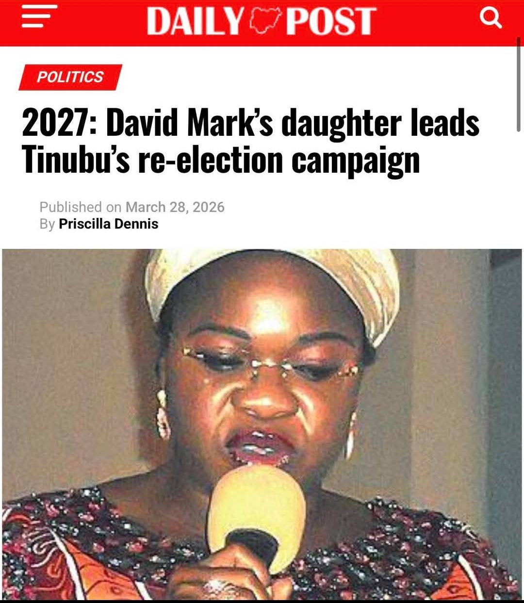 Blessing Onuh, daughter of National Chairman of the African Democratic Congress, David Mark, has bee...