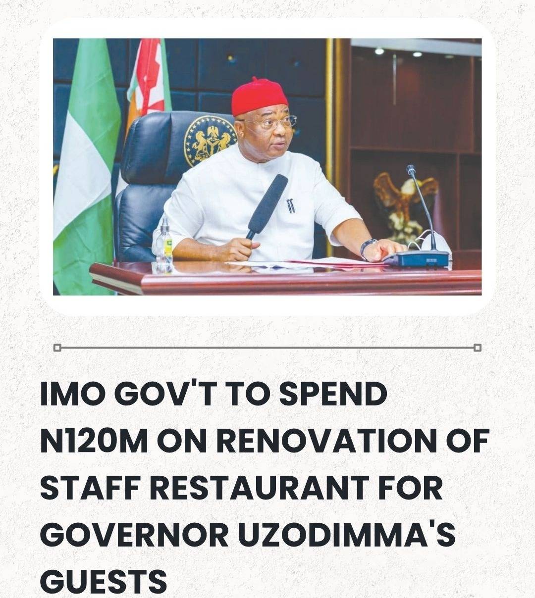 Imo Government To Spend N120million On Renovation Of Staff Restaurant For Governor Uzodimma's Guests...