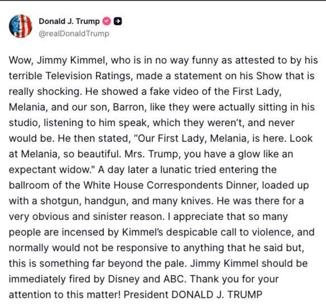 BREAKING: President Trump demands that Jimmy Kimmel be fired immediately over 'despicable' comments...