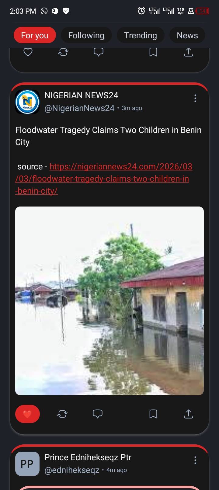 I just came across a post about how flooding in Benin City a day back claims two great lives. I hit...