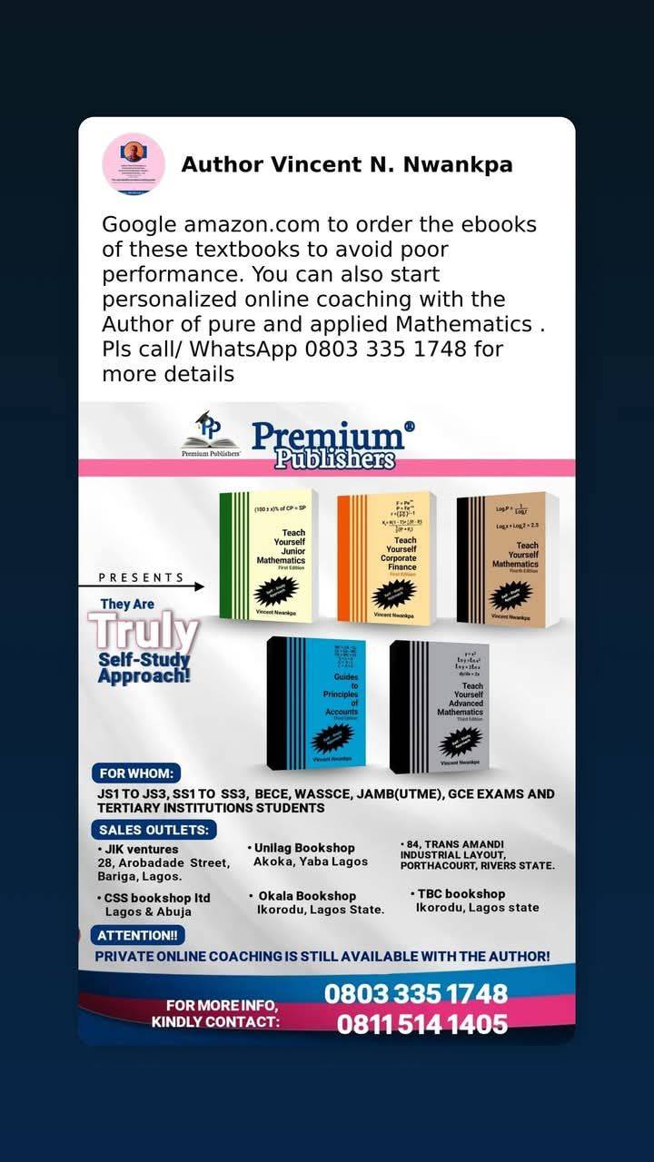 Happy New week! Google amazon.com to order the ebooks of these textbooks for your forthcoming exams...