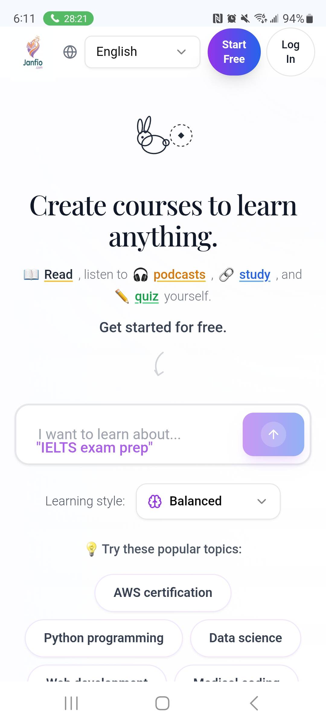 Janfio.com ,
Create courses to learn anything. 
Read, listen to a podcast,  study, and quiz yourself...