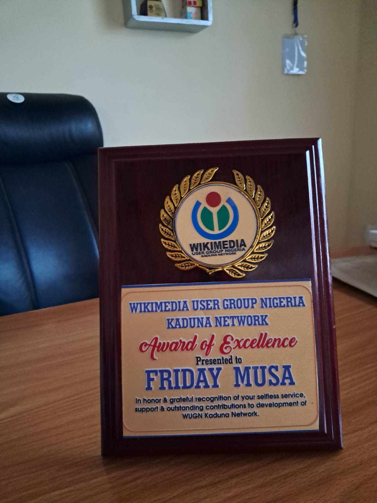 An award of Excellence given to me by the Wikimedia User Group Nigeria, Kaduna Network for the recog...