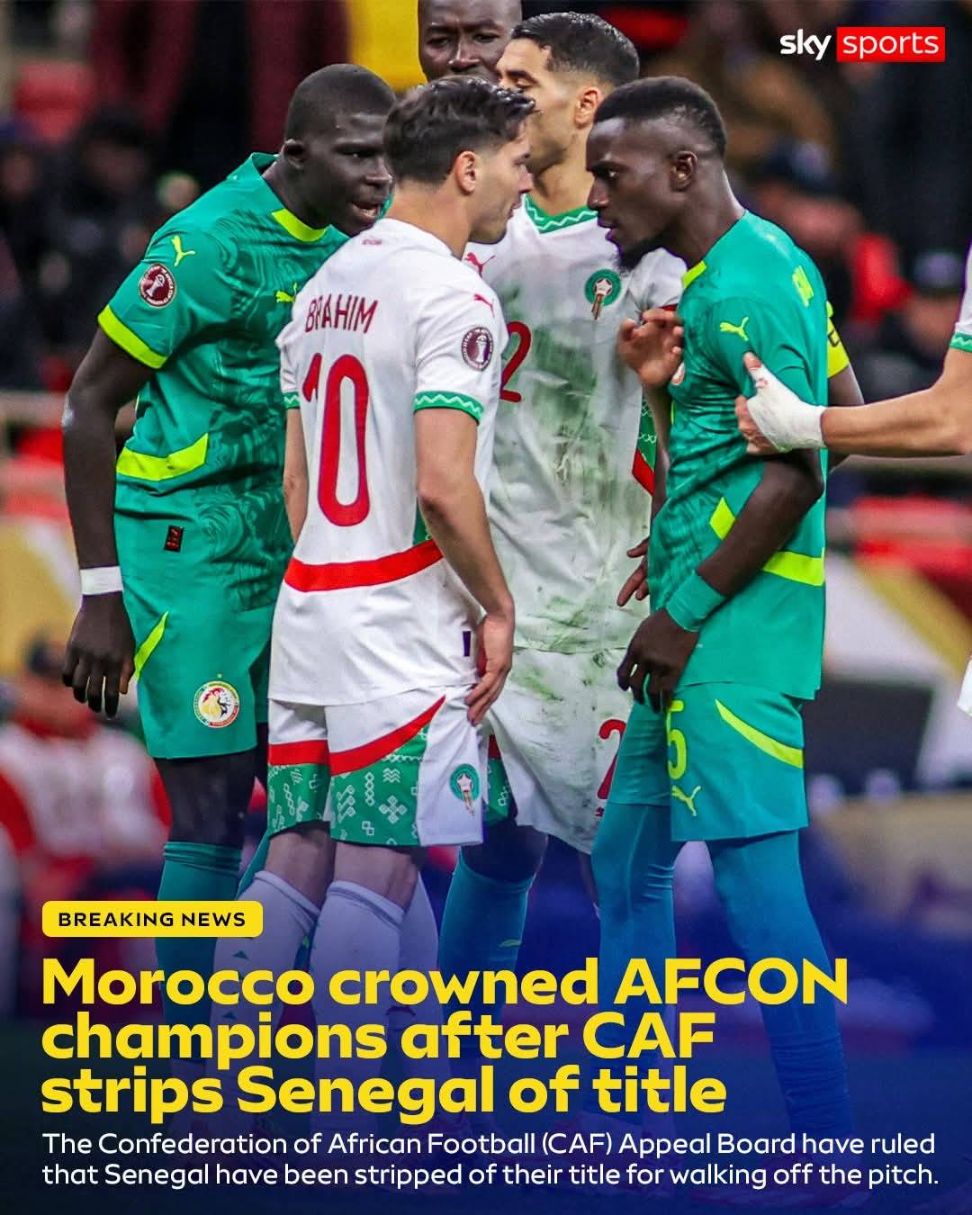 Morocco have been crowned Africa Cup of Nations winners after a major ruling today overturned Senega...