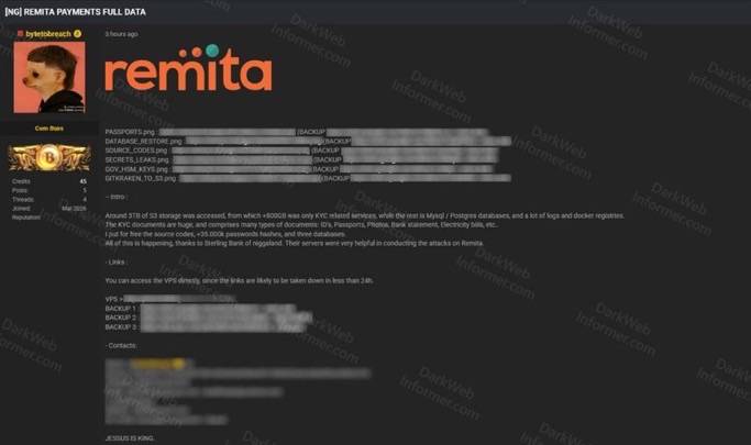 Just In: A dark-web hacker claims to have breached Remita payment platform, accessing over 3TB of da...