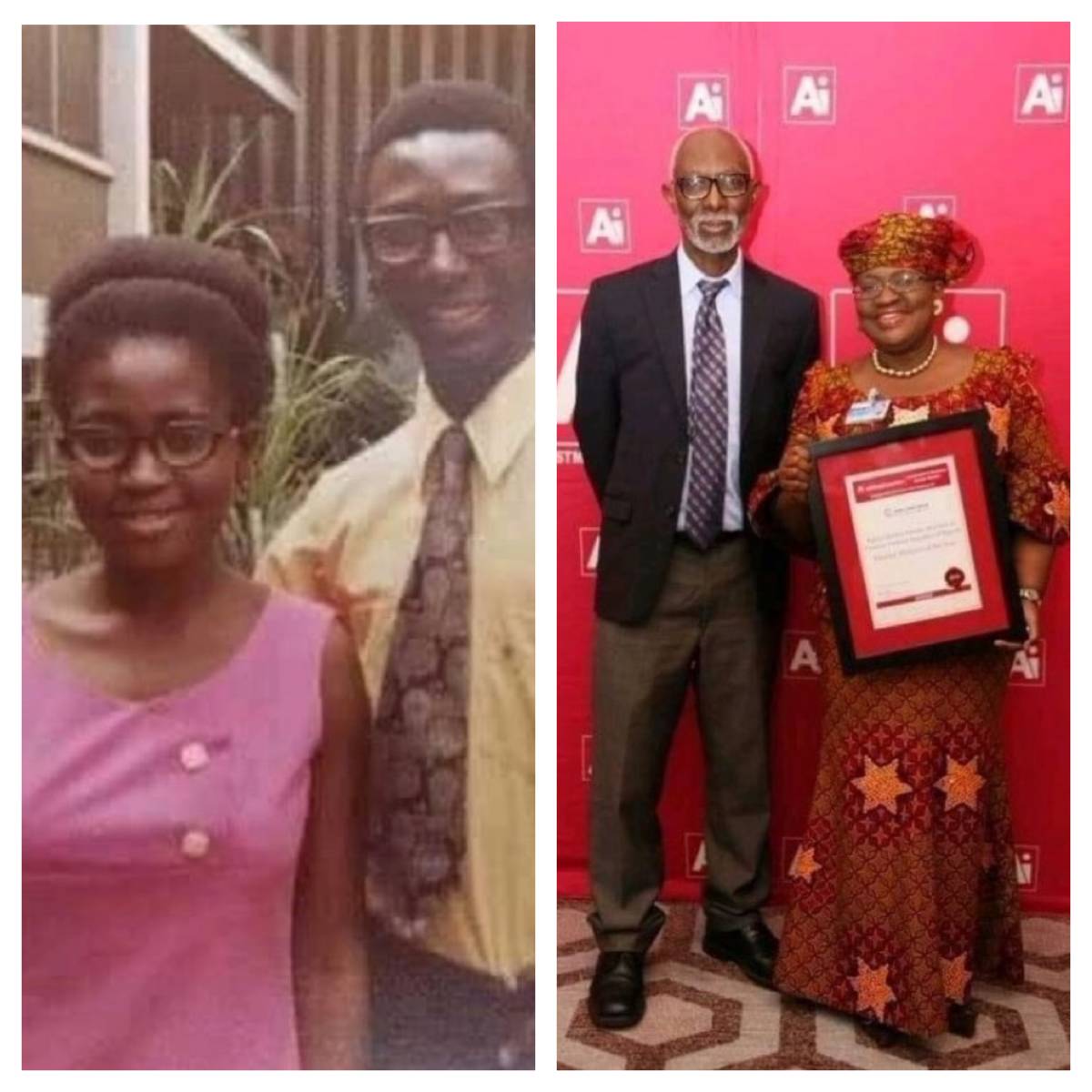 A before and now pictures of Dr. Ngozi Okonjo-Iweala (Director-General of the WTO) and her husband D...