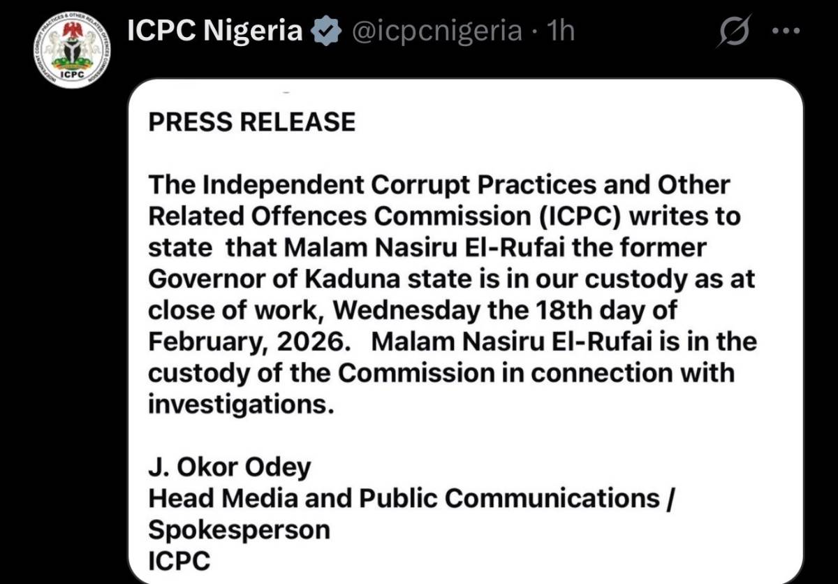 ICPC has confirmed that Nasir El-Rufai is in their custody