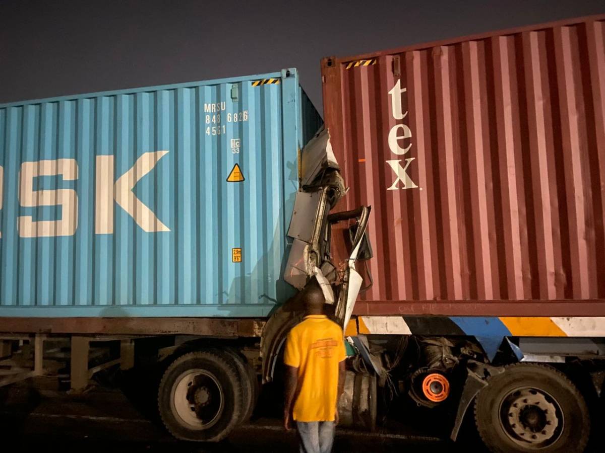 Two persons are dead in a collision involving two fully loaded 40-foot container trucks along the Ce...