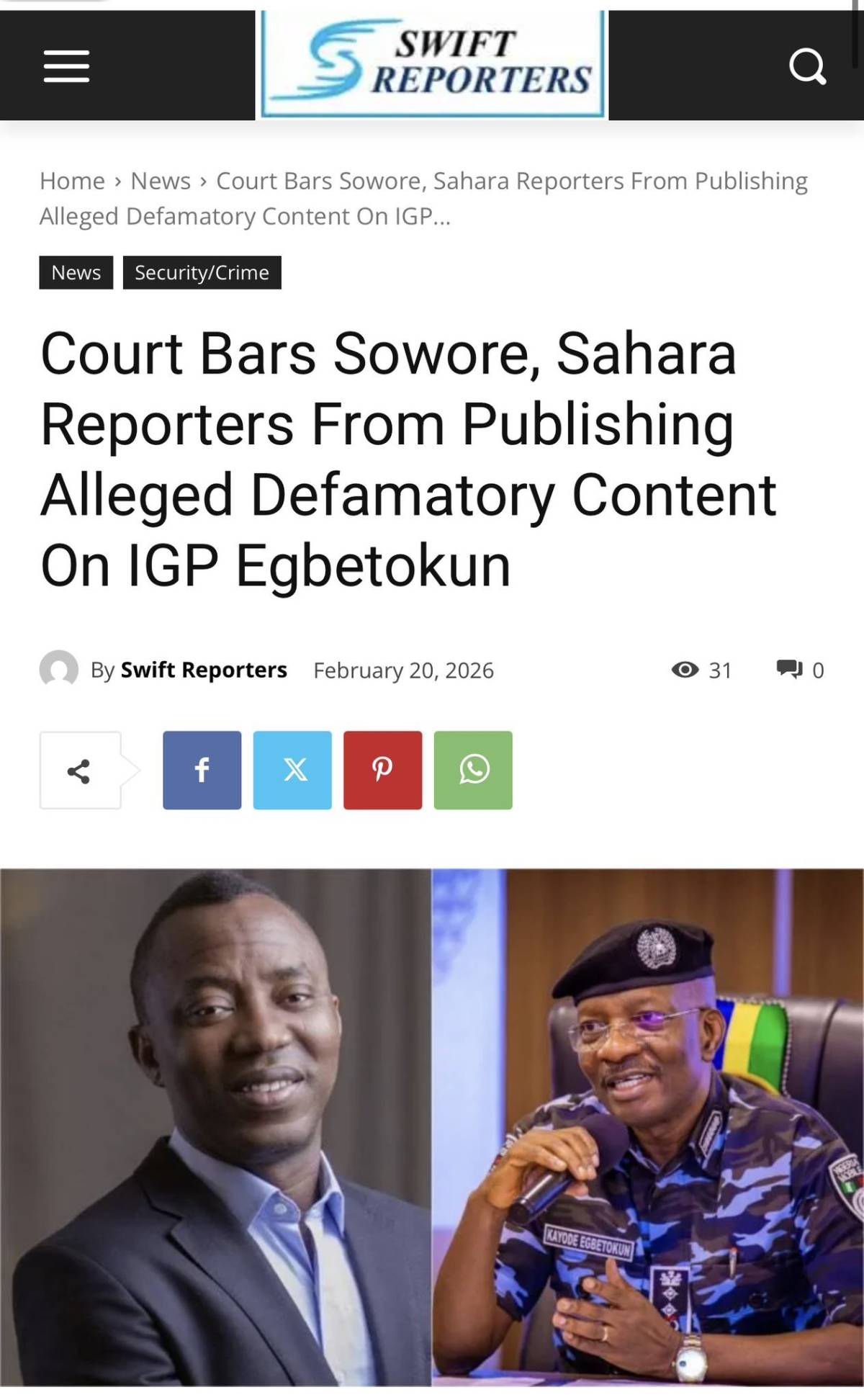 COURT BARS SOWORE, SAHARA REPORTERS FROM PUBLISHING ALLEGED DEFAMATORY CONTENT ON IGP EGBETOKUN.