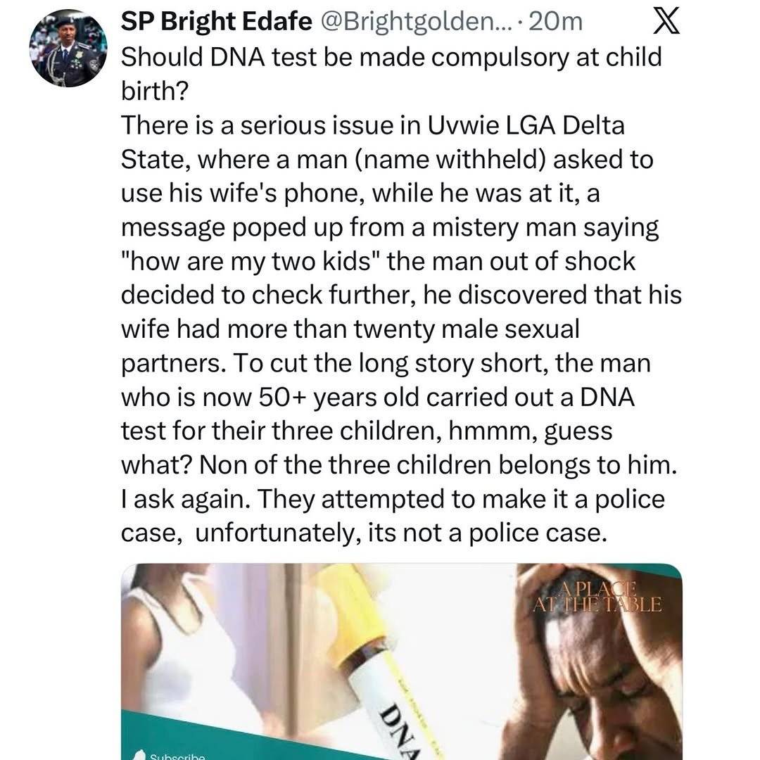 50-year-old man in Delta state finds out after DNA test he is not the father of his three children...