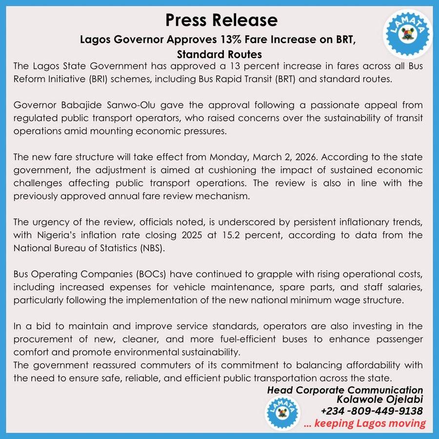 Lagos state Government Approves 13% Fare Increase on BRT, Standard Routes