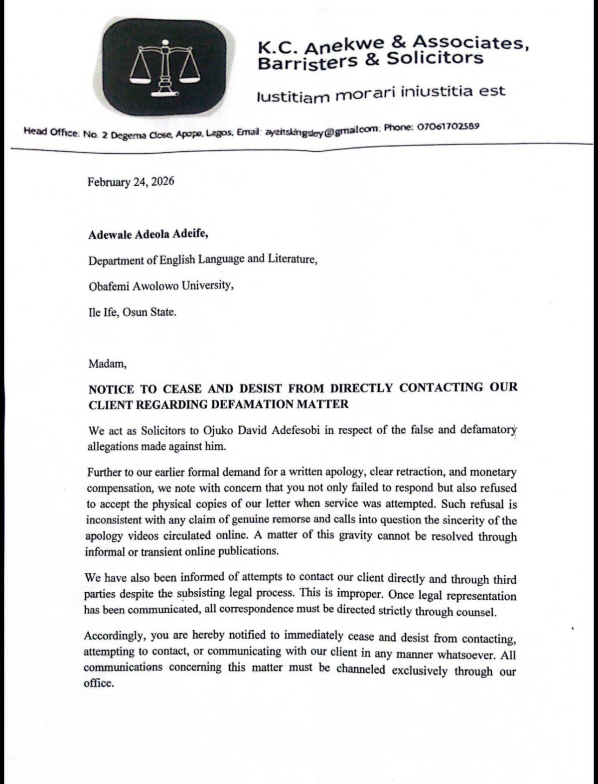David who was falsely accused of R+p€ had filled a formal Cease and Desist Notice directing that Ade...