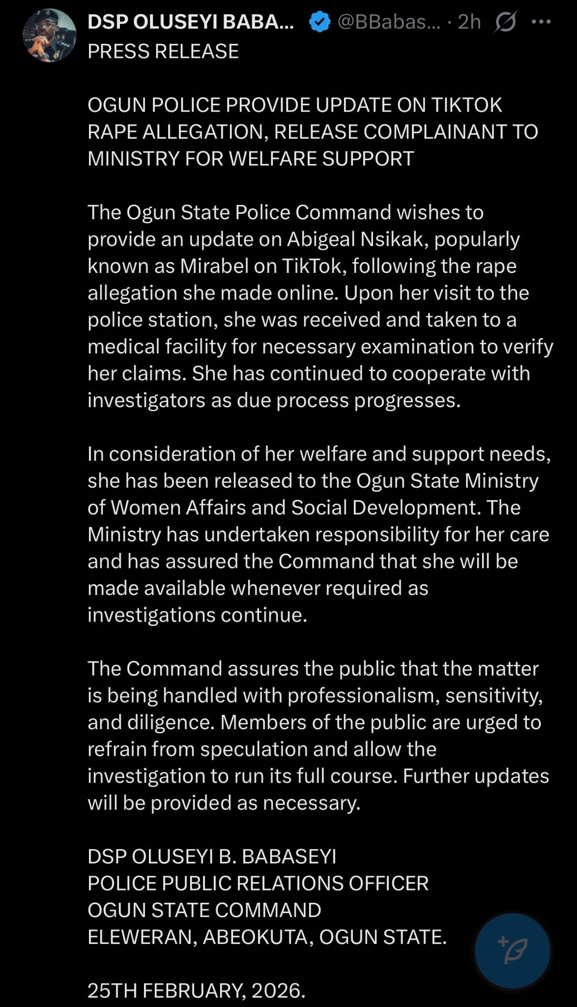 Police gives update on Mirable case