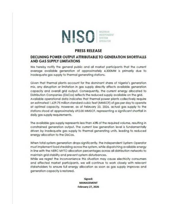 The Nigeria National Grid has said poor electricity supply is mainly due to inadequate gas supply to...