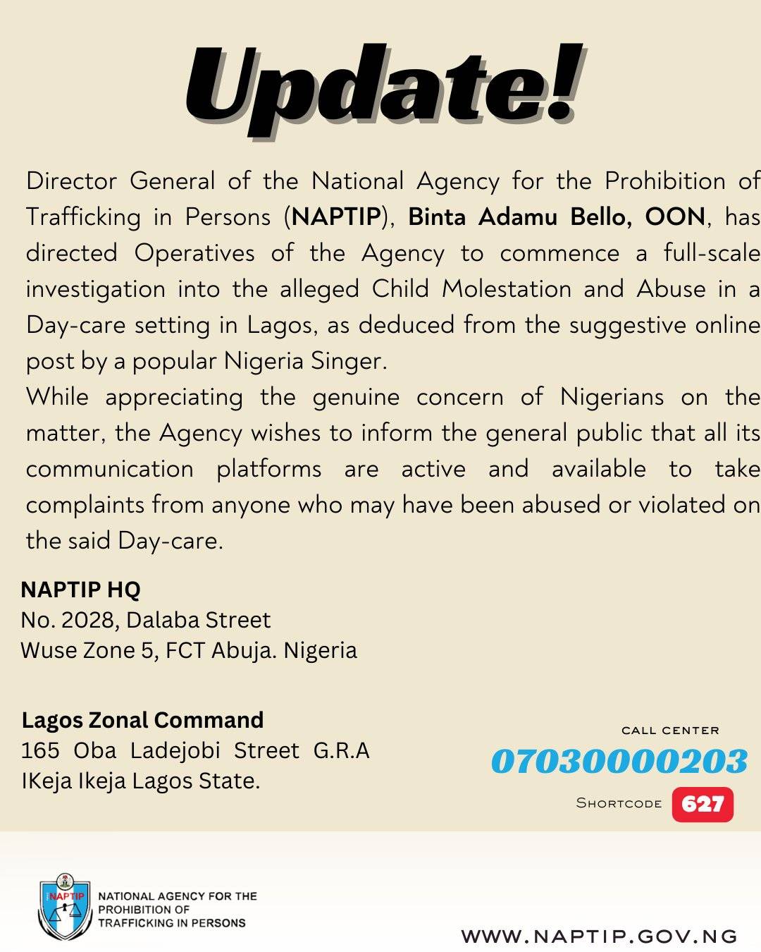 NAPTIP begins probe into Lagos daycare abuse allegations