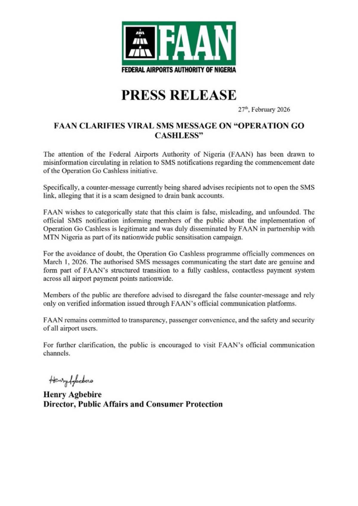 FAAN sends a message to Nigerians