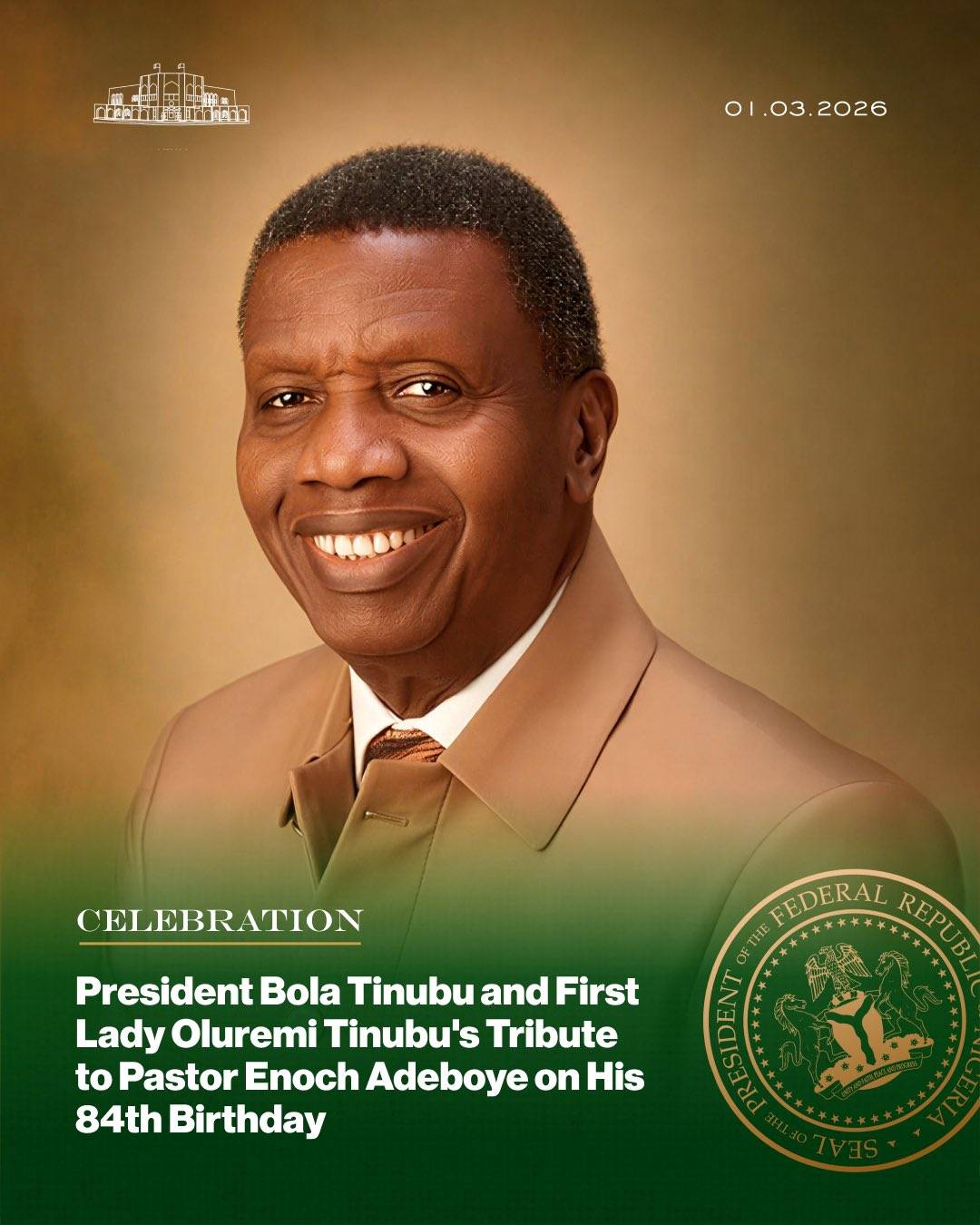 PRESIDENT BOLA TINUBU SENDS TRIBUTE TO PASTOR ENOCH ADEBOYE ON HIS 84TH BIRTHDAY