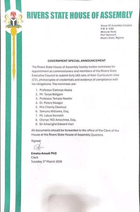 Governor Sim Fubara sends a 9-man commissioner nominee list to the Rivers State House of Assembly fo...