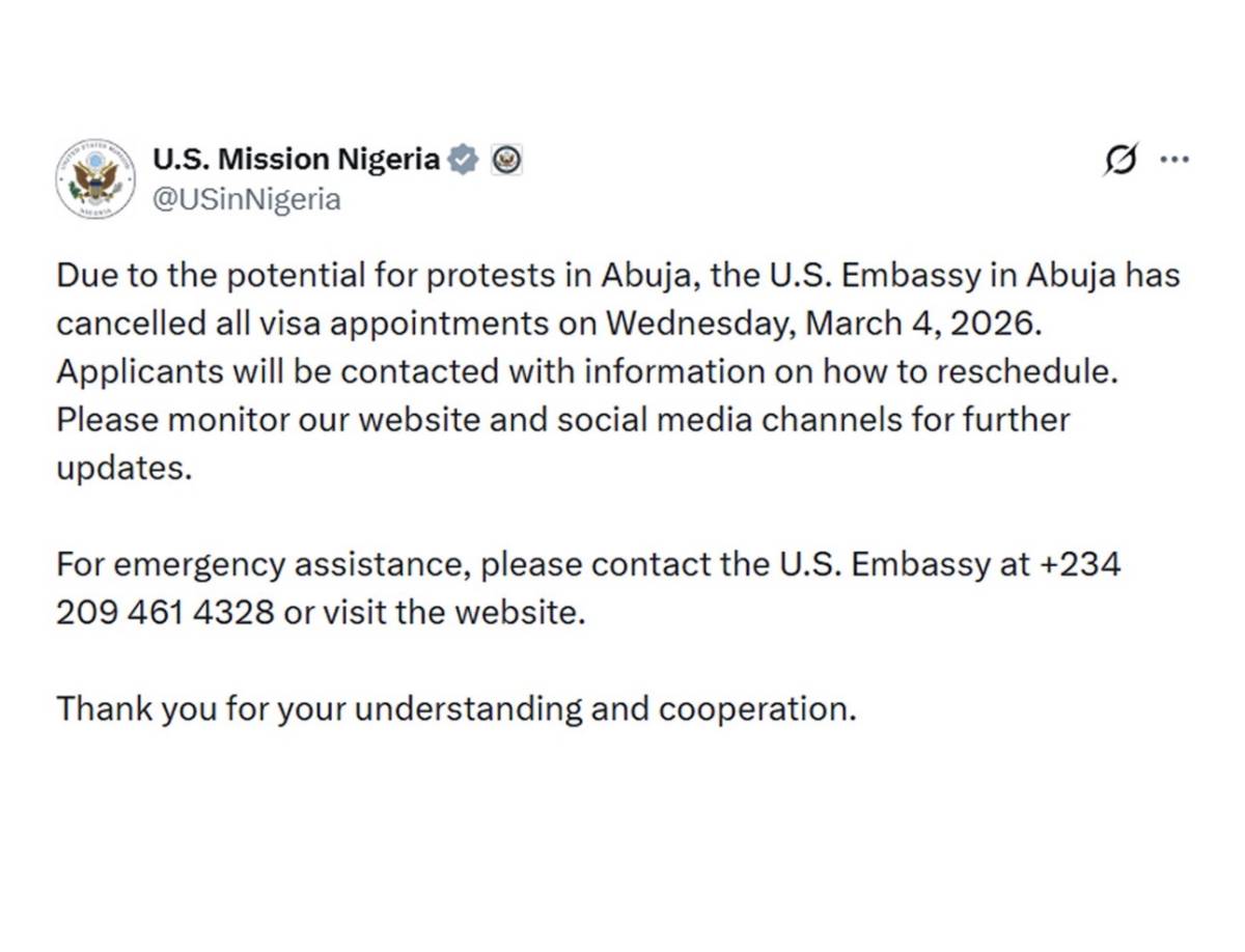U.S. Embassy in Abuja suspends visa appointments amid protest fears