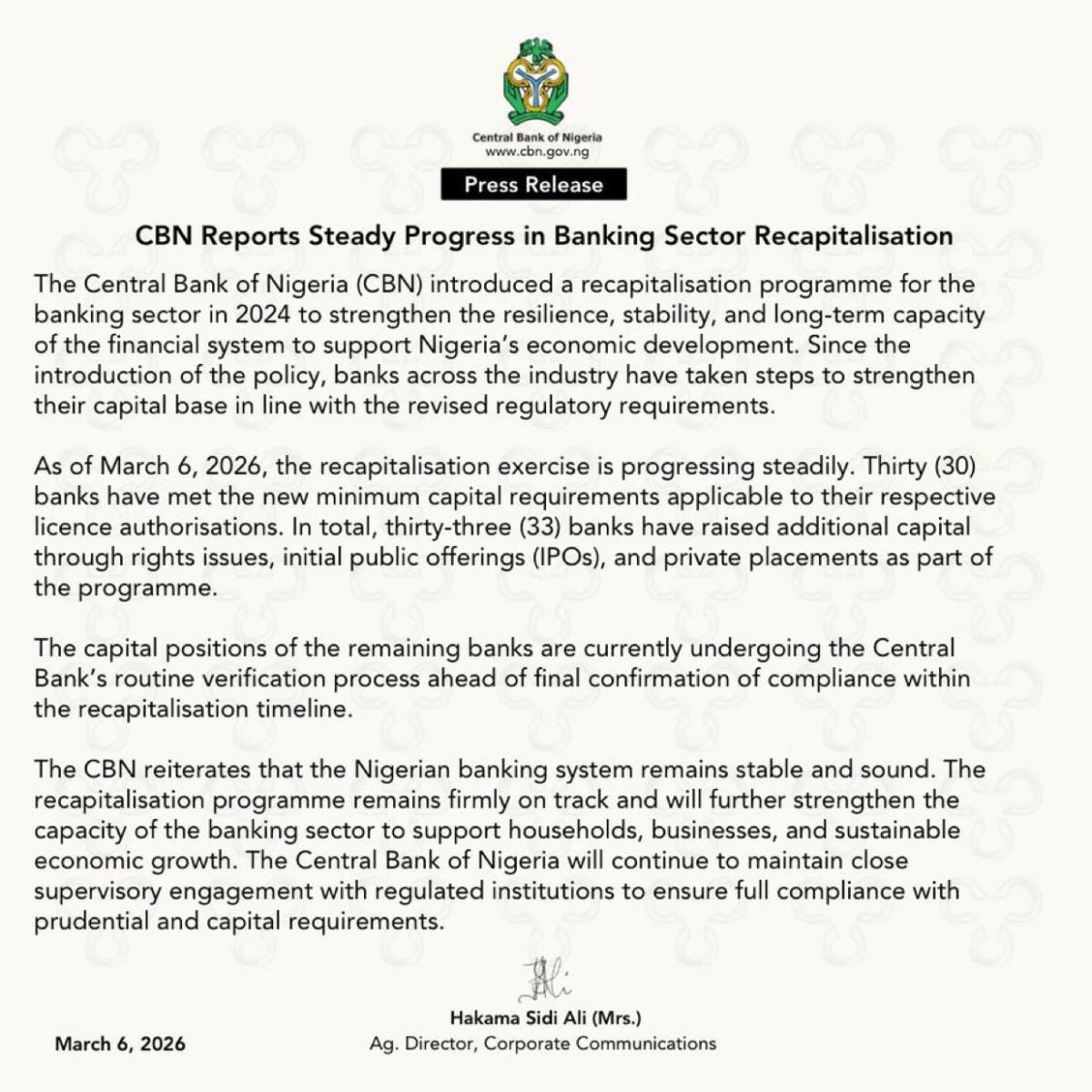 The Central Bank of Nigeria (CBN) has announced that 30 Nigerian banks have successfully met the new...