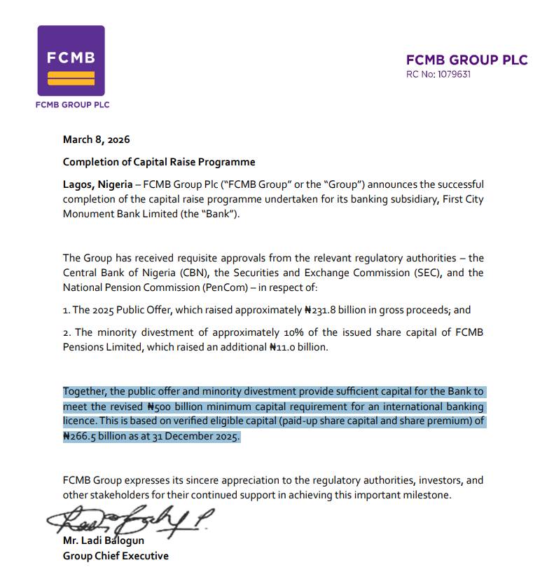 FCMB has announced that it has met the revised ₦500 billion minimum capital requirement for an inter...