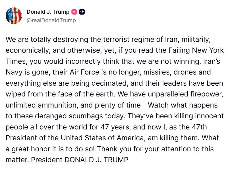 'watch what happens to these deranged scumbags today'.
~ Trump says regarding Iran ๐ฎ๐ท