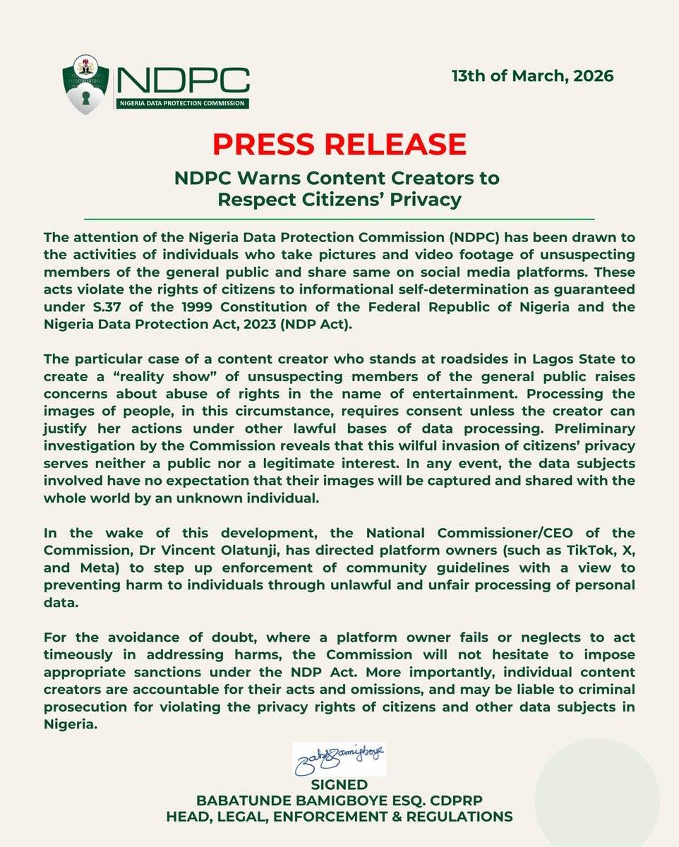 Nigeria Data Protection Commission Warns Content Creators to Respect Citizens’ Privacy