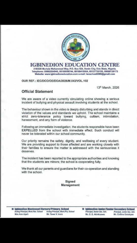 THE STUDENTS IN THIS VIDEO FROM IGBINEDION SECONDARY SCHOOL HAVE BEEN EXPELLED AND ARRESTED.