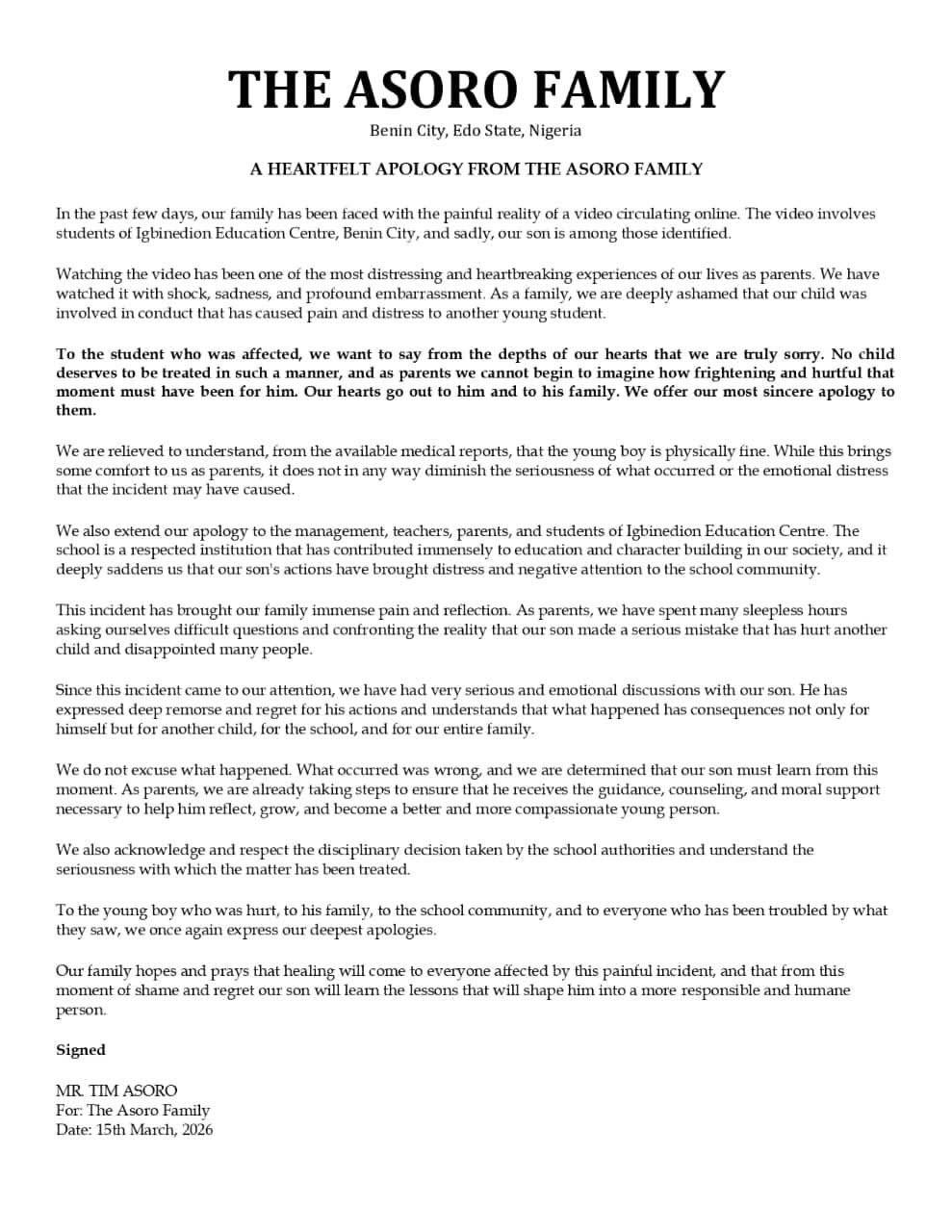The family of One of the boys identified in the viral video that emanated from Igbinedion educationa...