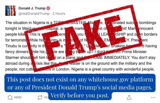 Presidency flags ‘fake’ Trump post on Tinubu, Borno attacks