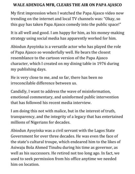 Wale Adenuga has responded to Papa Ajasco