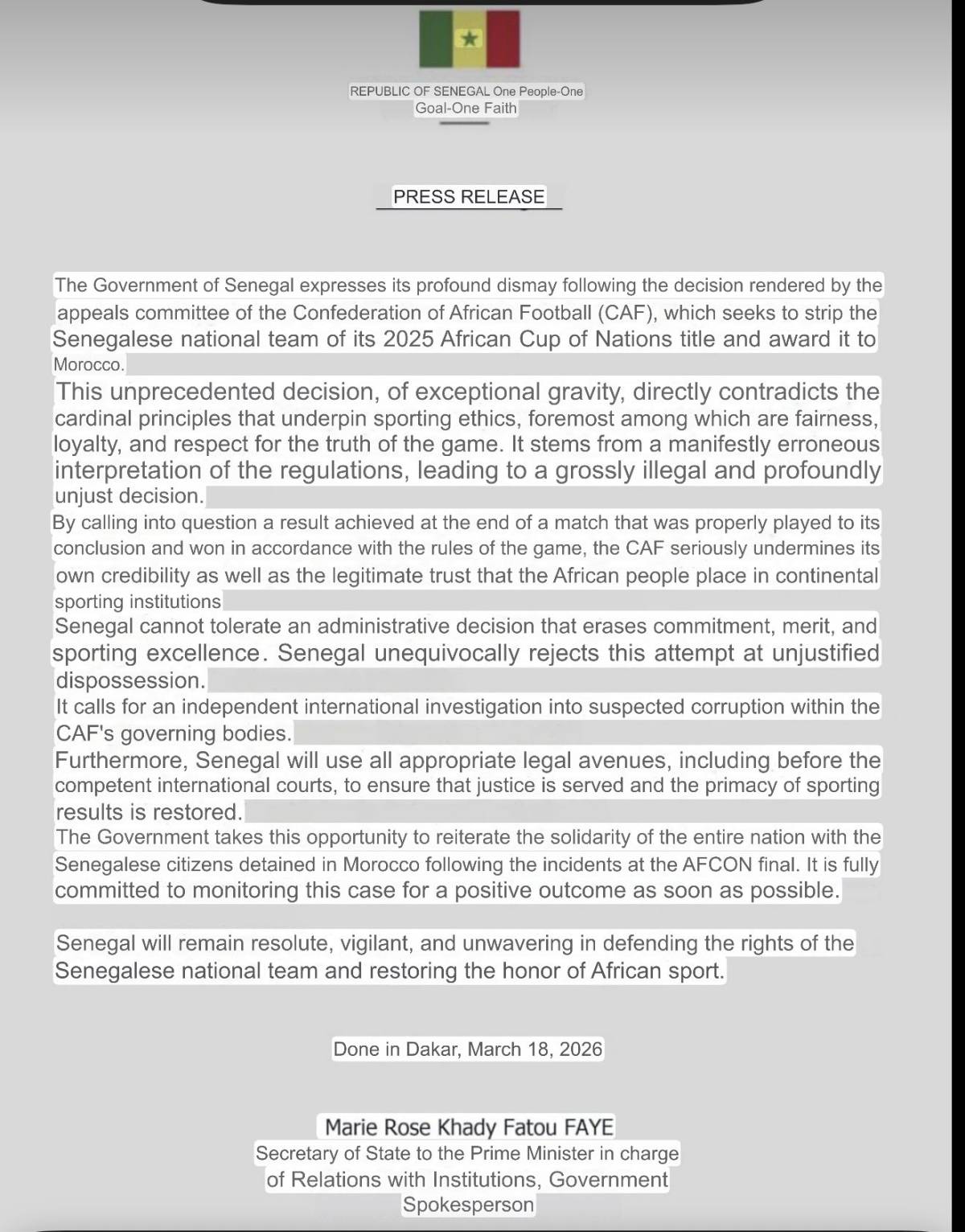 Senegal’s government demands “independent international investigation into suspected corruption with...