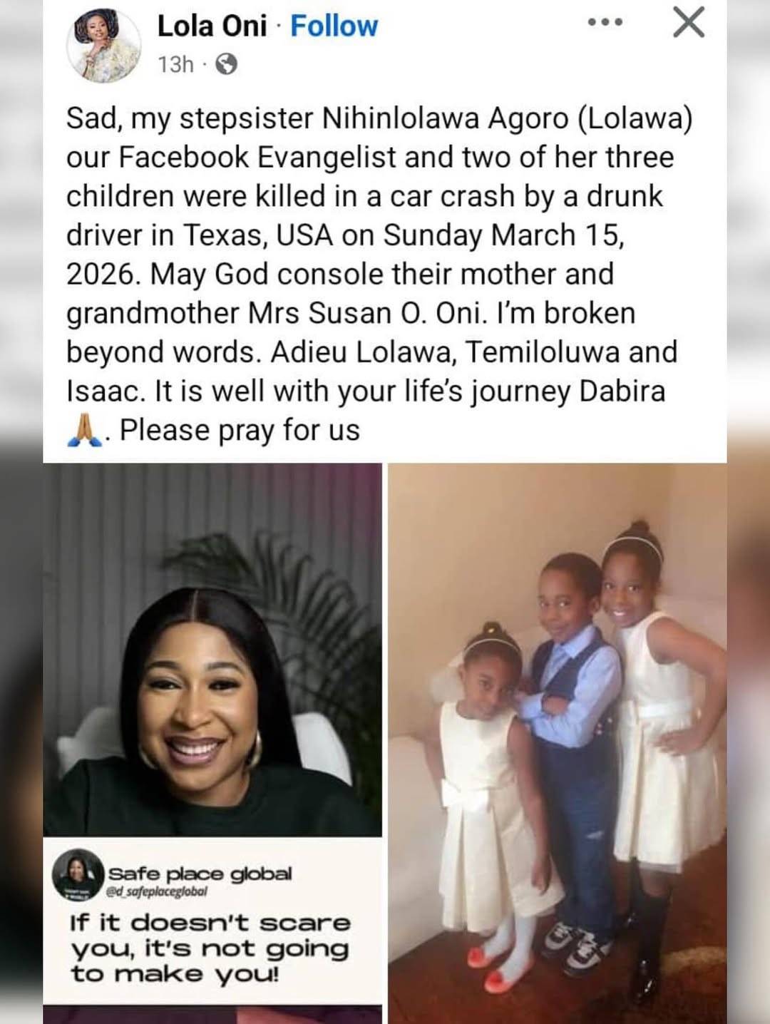 Nigerian woman and her two children tragically died in car crash in USA