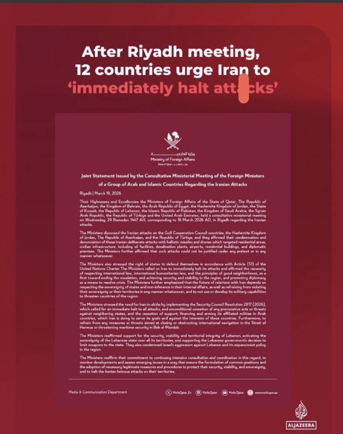 Qatar, Saudi Arabia, UAE and 10 other countries urge Iran to immediately halt its attacks after hold...