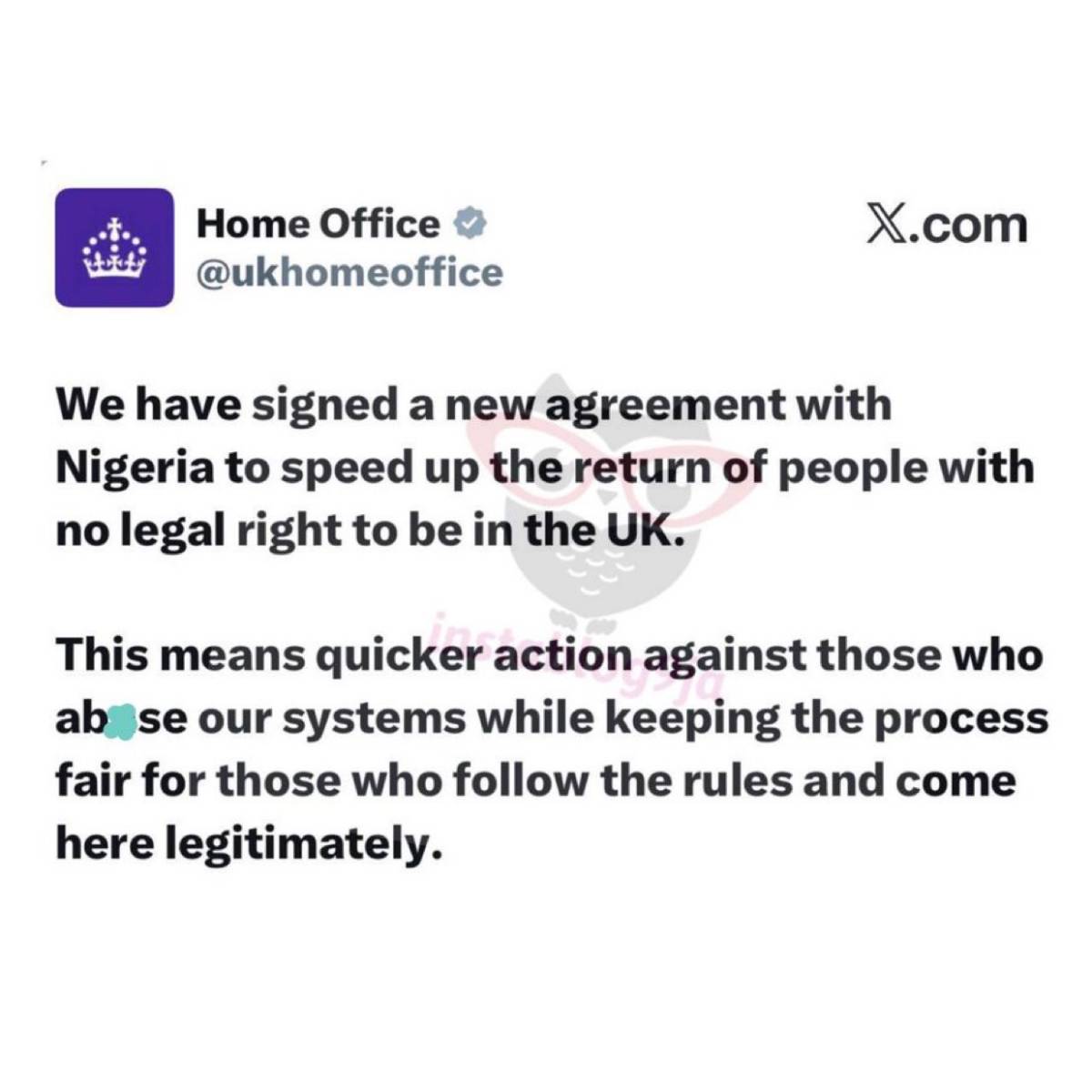 We have signed a new agreement with Nigeria to speed up the return of people with no legal right to...