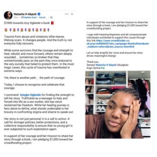 Senator Natasha Akpoti-Uduaghan pledges $1,000 support for Izzy Ogbeide’s upcoming book against huma...