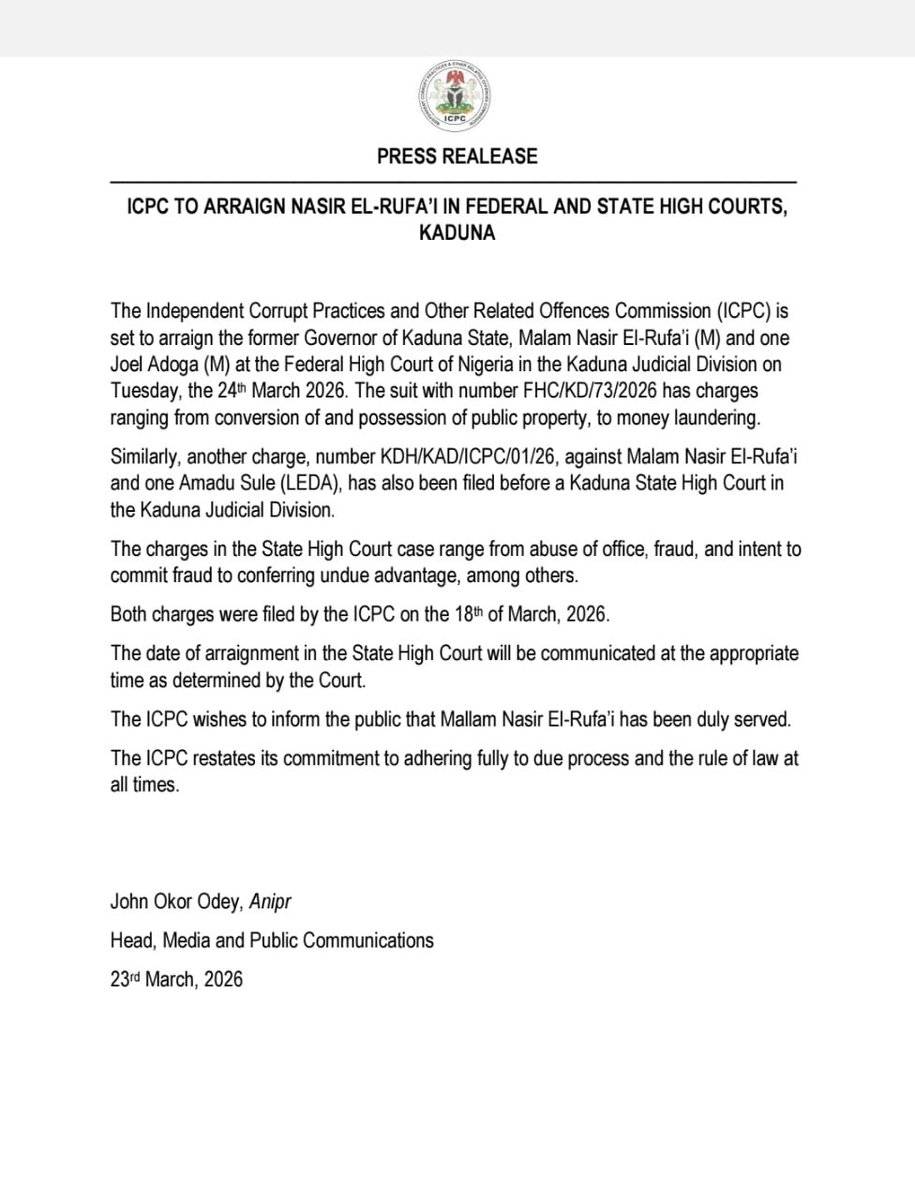 ICPC is set to arraign the former Governor of Kaduna State, Malam Nasir El-Rufa'i (M) and one Joel A...