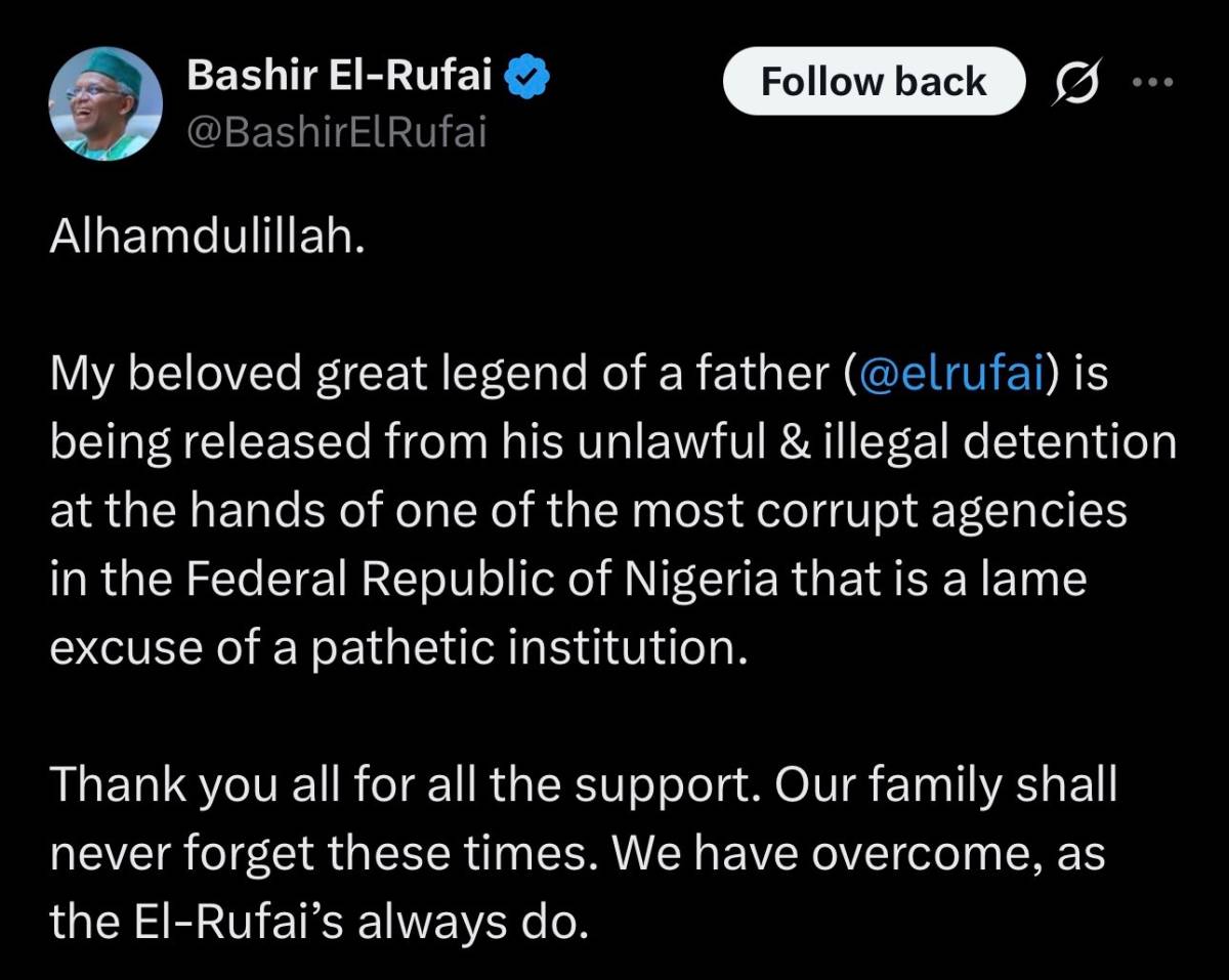 Nasir El-Rufai’s son has confirmed that he has been released from detention