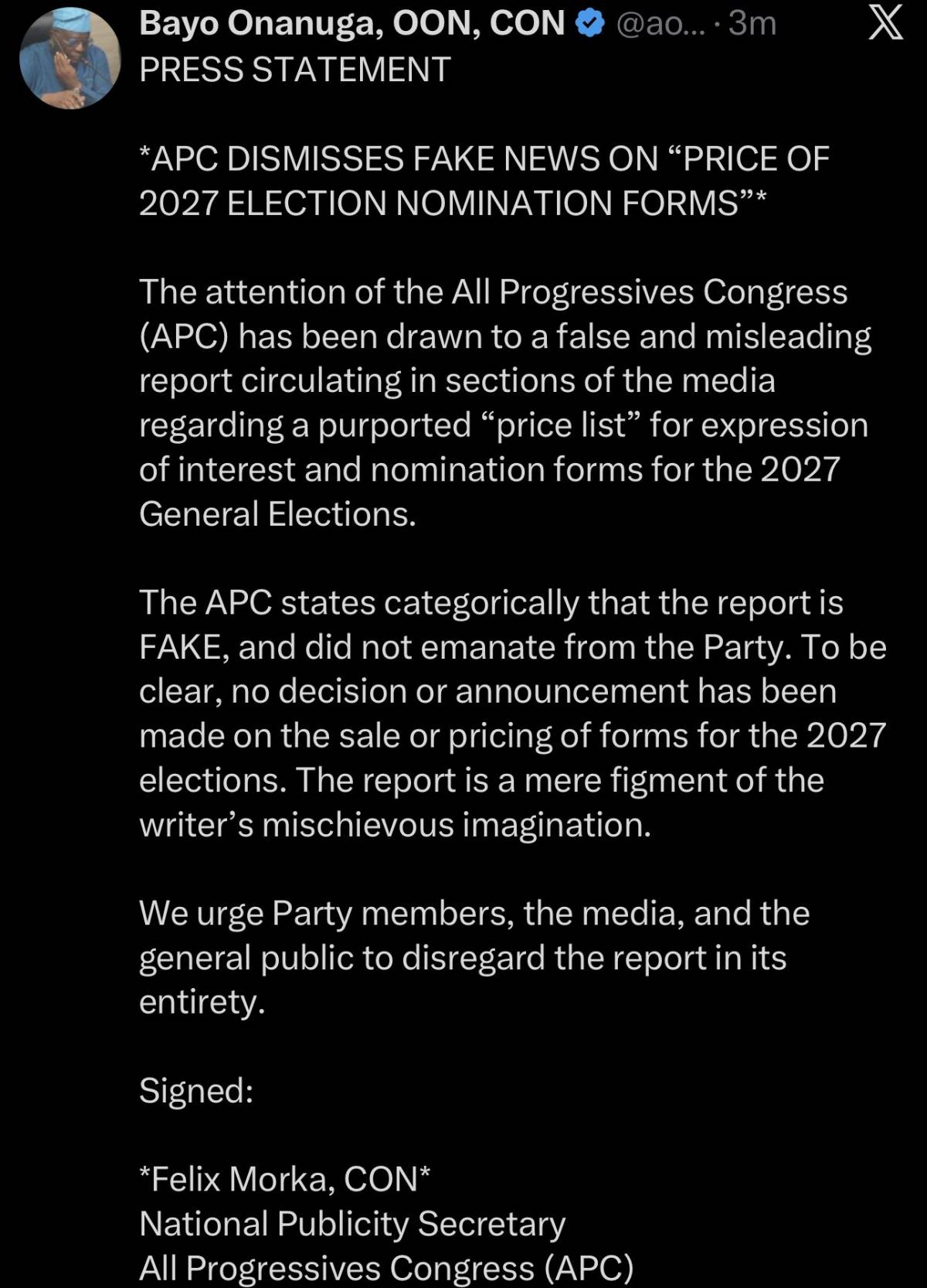 “PRICE OF 2027 ELECTION NOMINATION FORMS” list circulating on the internet is fake
~ APC