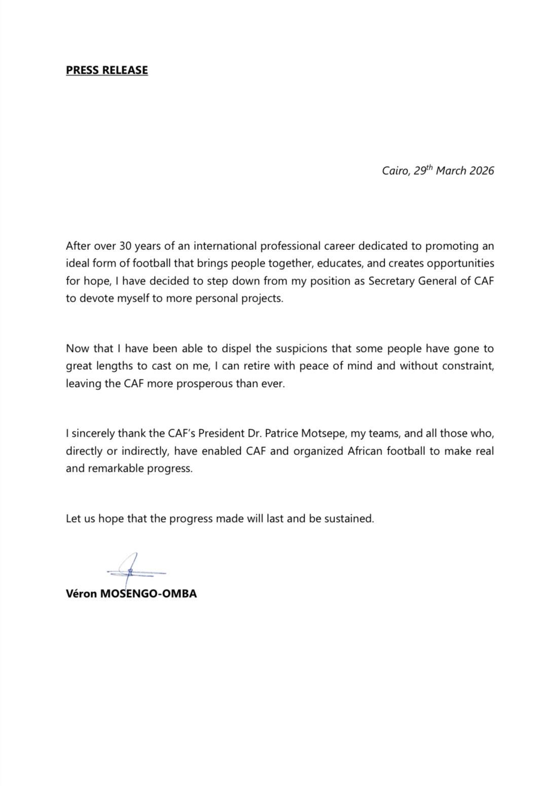 CAF General Secretary has resigned.