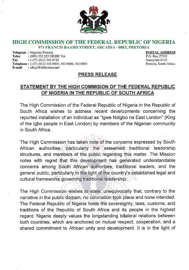 The Nigerian High Commission in Pretoria has issued an official statement addressing reports of an a...